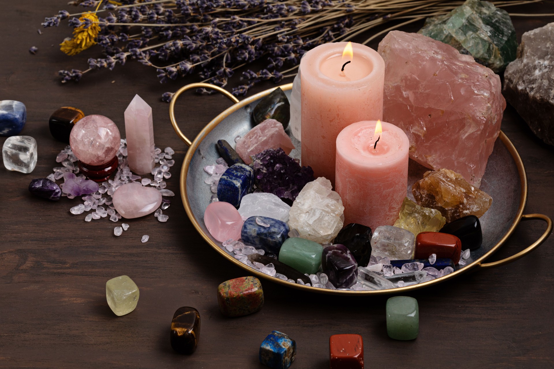 Healing chakra crystals therapy. Alternative rituals, gemstones for wellbeing, meditation, destress