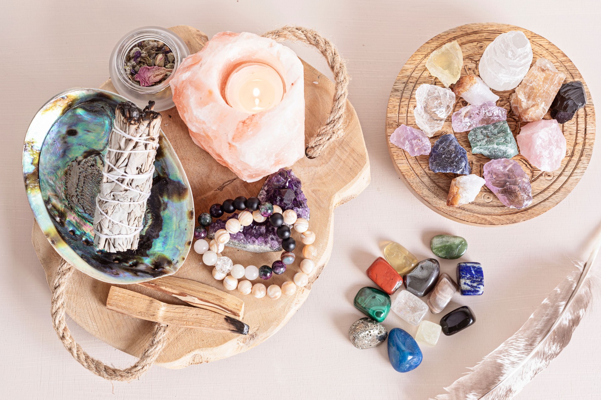 Smudge kit with white sage, palo santo, himalayan salt candle holder. Natural elements for wellbeing